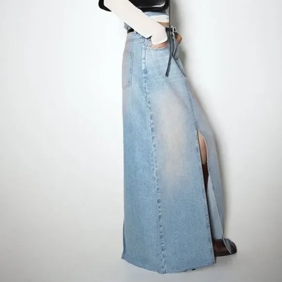 ZARA Z1975 PINK WASHED SLIT DENIM SKIRT - Picture 11 of 13